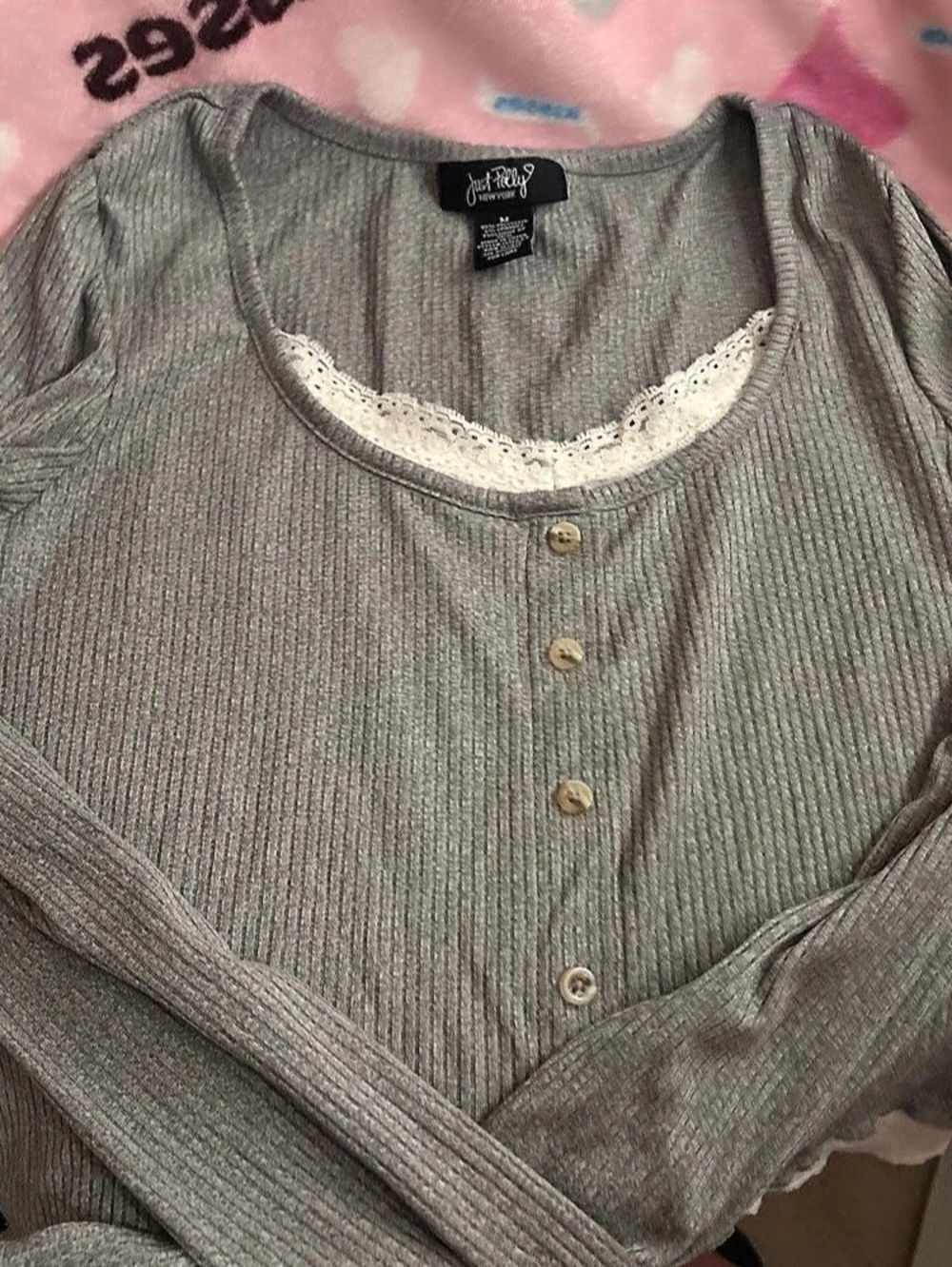 Just Be You Ribbed Lace Trim Long Sleeve Top in Gray & White Size Medium